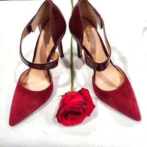 Vince Camuto Charlotte Burgandy Suede and Leather Pointy Toe Pumps Size 8.1/2M